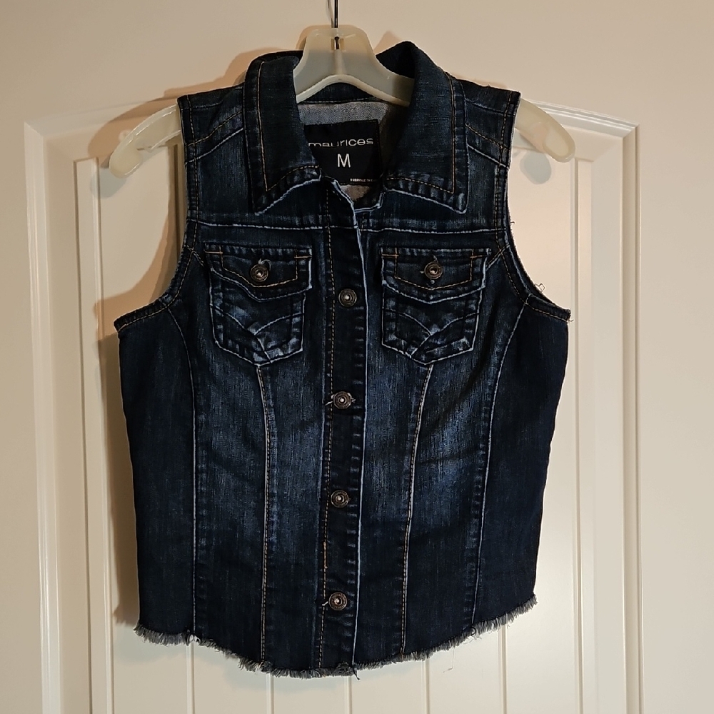 Maurice Dark Wash Grunge Denim Vest Medium